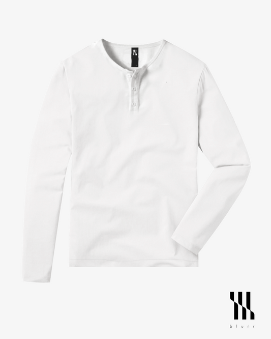 White T-shirt - Long Sleeve Henley Neck Straight Bottom