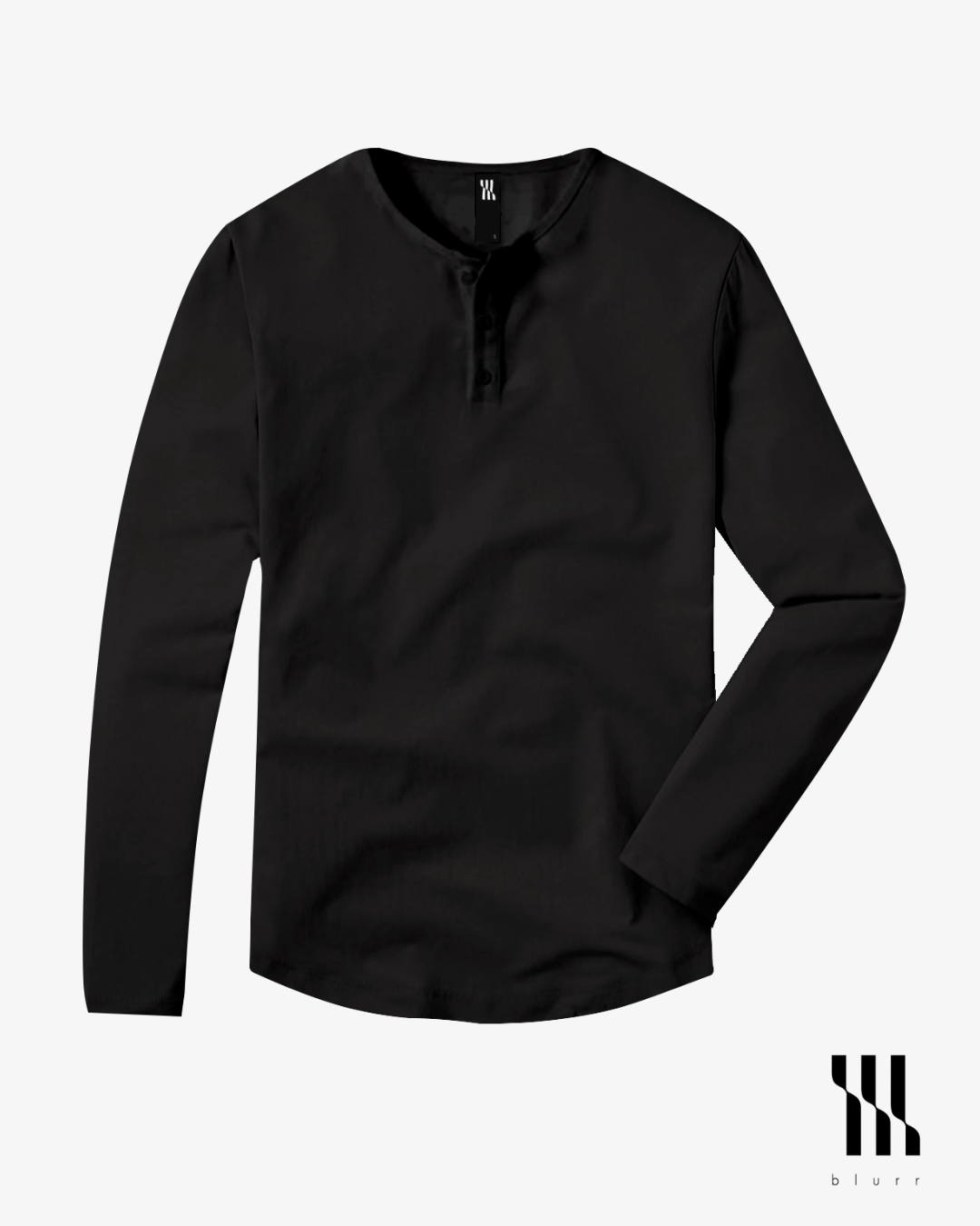 Black T-shirt - Long Sleeve Henley Neck Curved Bottom