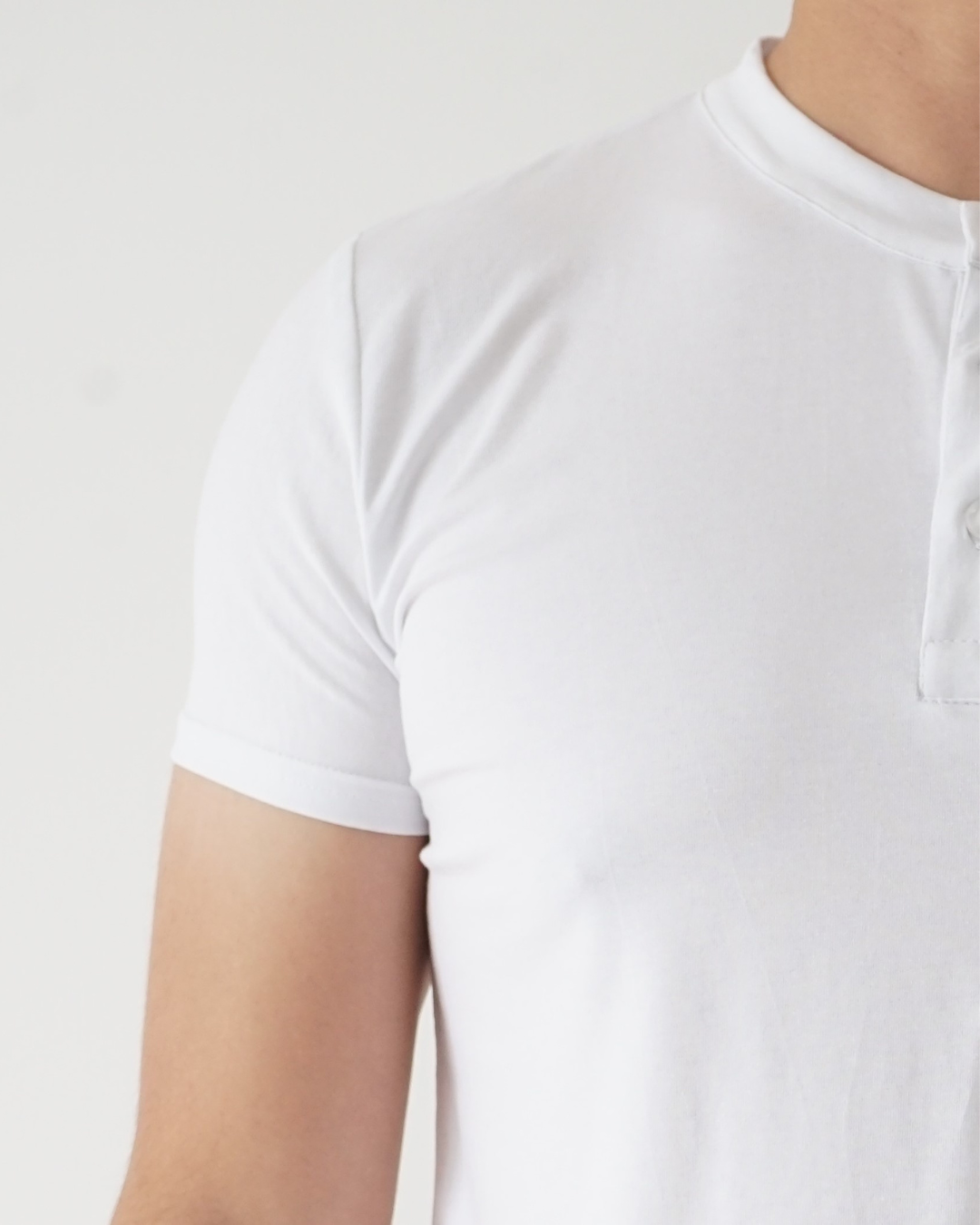 White T-shirt - Short Sleeve Henley Neck Curved Bottom