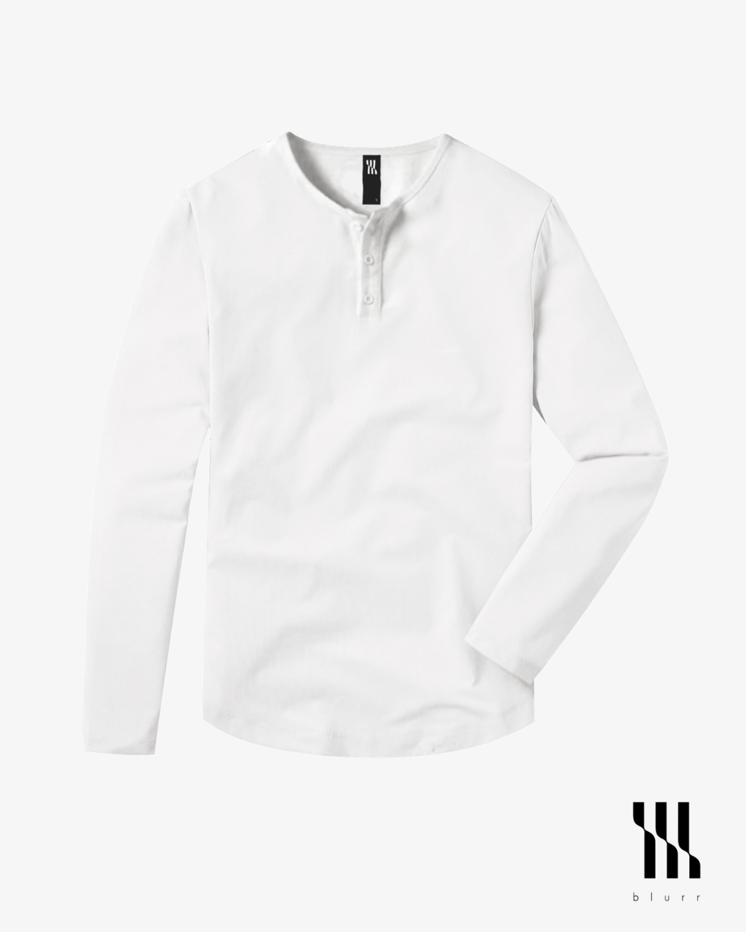 White T-shirt - Long Sleeve Henley Neck Curved Bottom