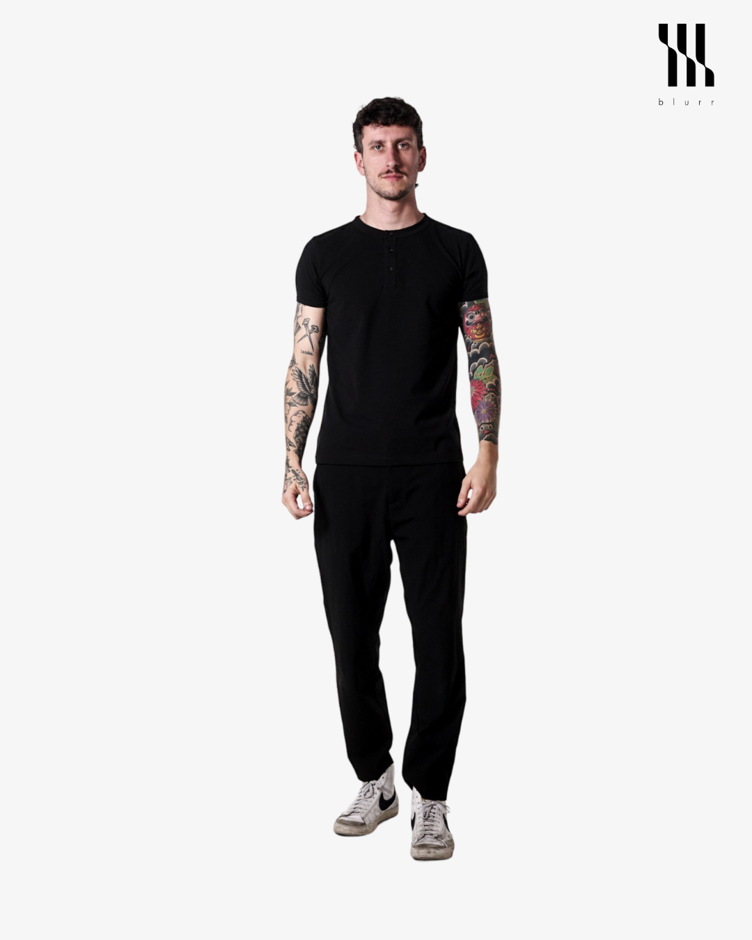 Black T-shirt - Short Sleeve Henley Neck Straight Bottom