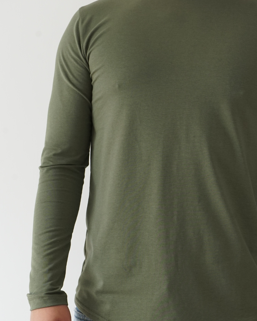 Musk Green T-shirt - Long Sleeve Crew Neck Curved Bottom