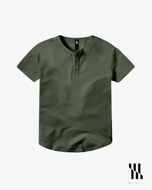 Musk Green T-shirt - Short Sleeve Henley Neck Curved Bottom